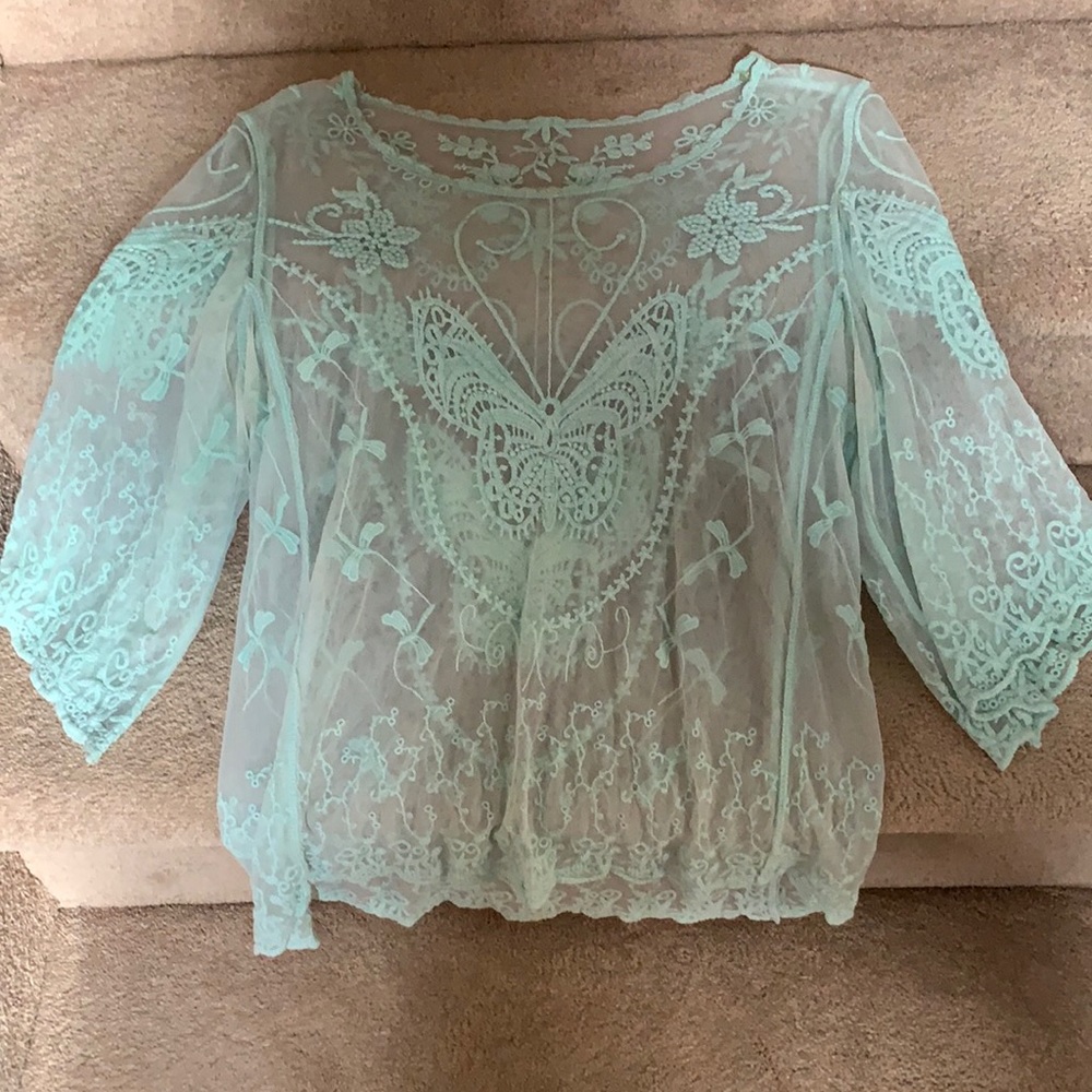 Gorgeous Embroidery Semi-Sheer Teal Blouse